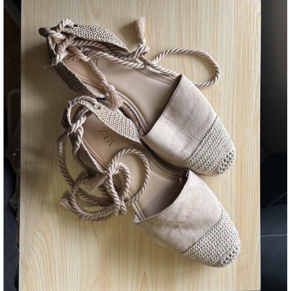 ZARA Beige Lace Up Espadrille Flats Suede Sandal Size 39 US 8.5